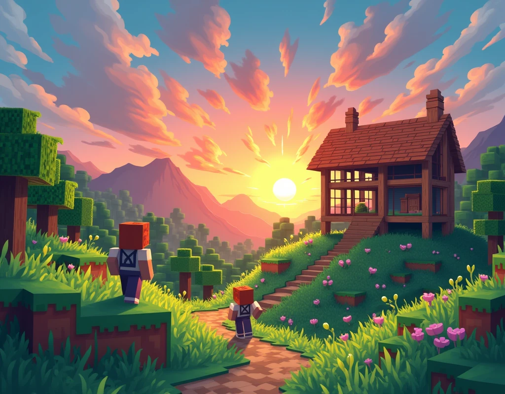 cartoon a landscape in minecraft with a house being built in the background with a sunset

