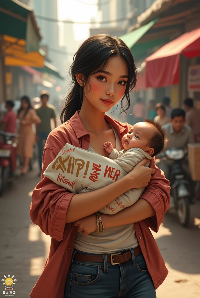 A woman carrying a baby with the other hand and holding a poster with the other hand that say Kopi wer