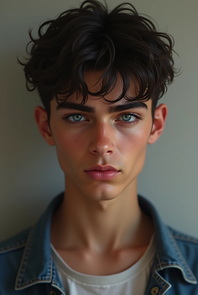 A boy, handsome, moreno, blue eyes, dark brown hair, thin and thick eyebrows, thick lip,  of 17