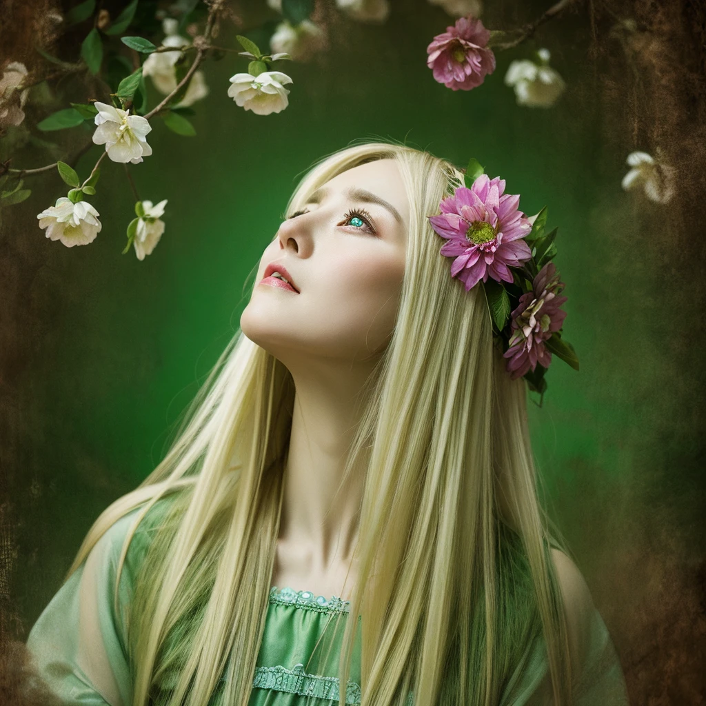 Caucasian woman looking up at the ceiling。Age 35。blonde。Straight Hair。Long Hair。Green Eyes。Crying with a sad expression。Wearing a dirty tunic。withered flower crown。Art Nouveau background。