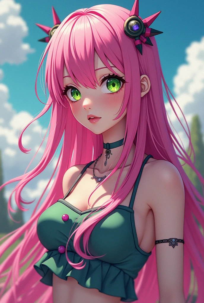 Female anime character with green eyes and pink and long hair a little crazy

