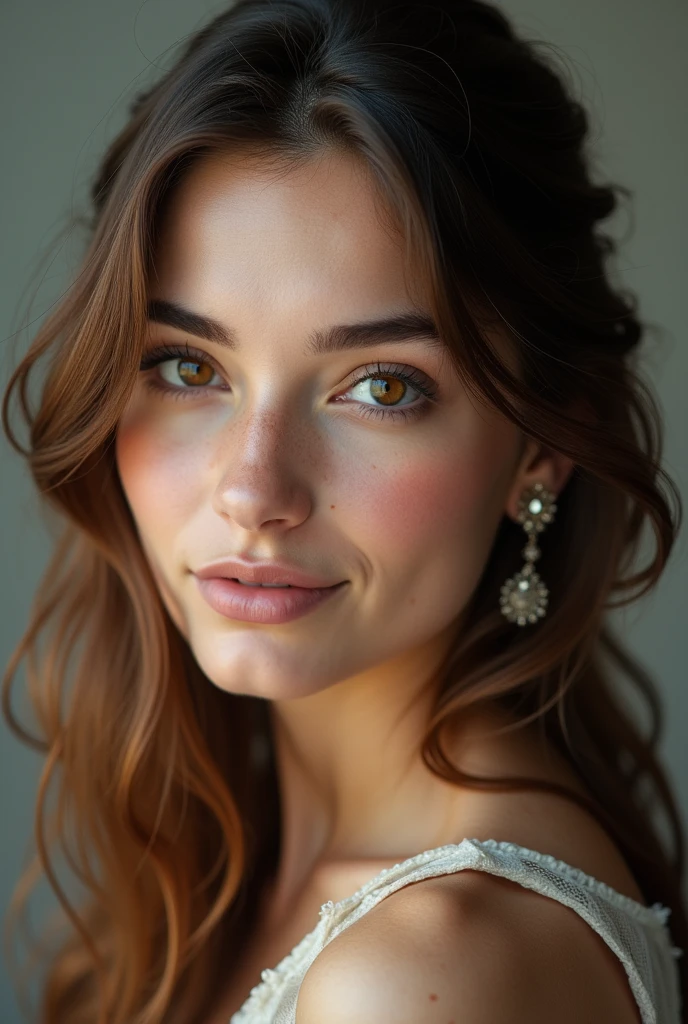 Portrait dune femme fait avec l’appareil photo D850. La femme est brune avec des cheuveux brun avec des reflets clair des yeux noisette en amande et de long cil. Elle doit aussi avoir des taches de rousseur un petit frond et une bouche. Elle a des faussette. Elle porte plusieur boucle d’oreille mais quu ne pendent pas
