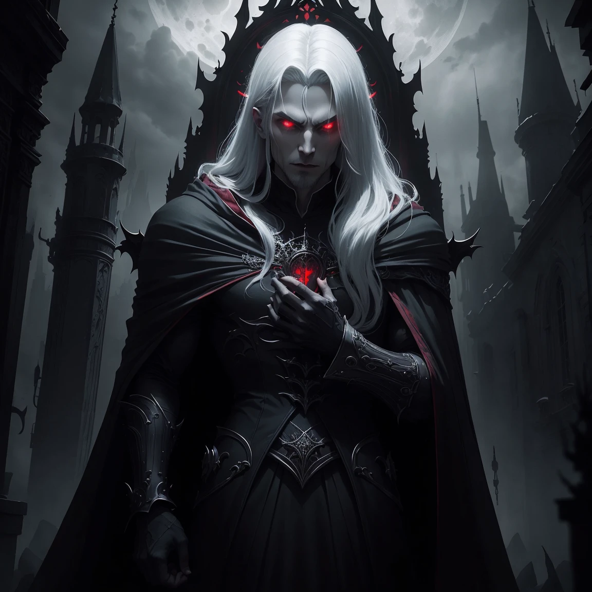 Vampire male evil lord, long flowing white hair, black and red cloak, piercing red eyes, menacing expression, powerful aura, standing in a dimly lit chamber,, casting eerie shadows, , adorned with intricate details, with a sinister grin, exuding an aura of darkness, with an intimidating presence, in a gothic castle, with imposing architecture, shrouded in mist, under a blood-red moon, with a storm brewing in the background, creating a foreboding atmosphere, reminiscent of a dark fantasy novel cover, Dracula,with a dramatic lighting, emphasizing the contrast between light and shadow, evoking a sense of mystery and danger, with a touch of supernatural elements and captivating artistry."