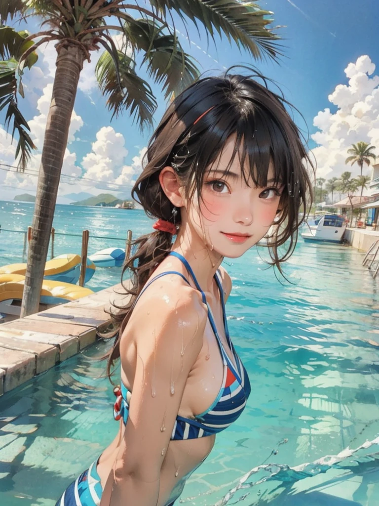 ((highest quality, masterpiece, High resolution)), ((reality)),Photos of beautiful Japanese women,((anime art))、 (((1 girl))), normal size breasts, slim body shape, long ponytail,double eyelid, Wet see-through bikini,Clean abs, A pareo with bold ethnic patterns and plenty of primary colors、(Brown skin:1.4),realistic skin、Wet,whole body,cinematic light、tropical、Against the background of palm trees on both sides、on a sunny beach、With the sea in the background、blur background、smile