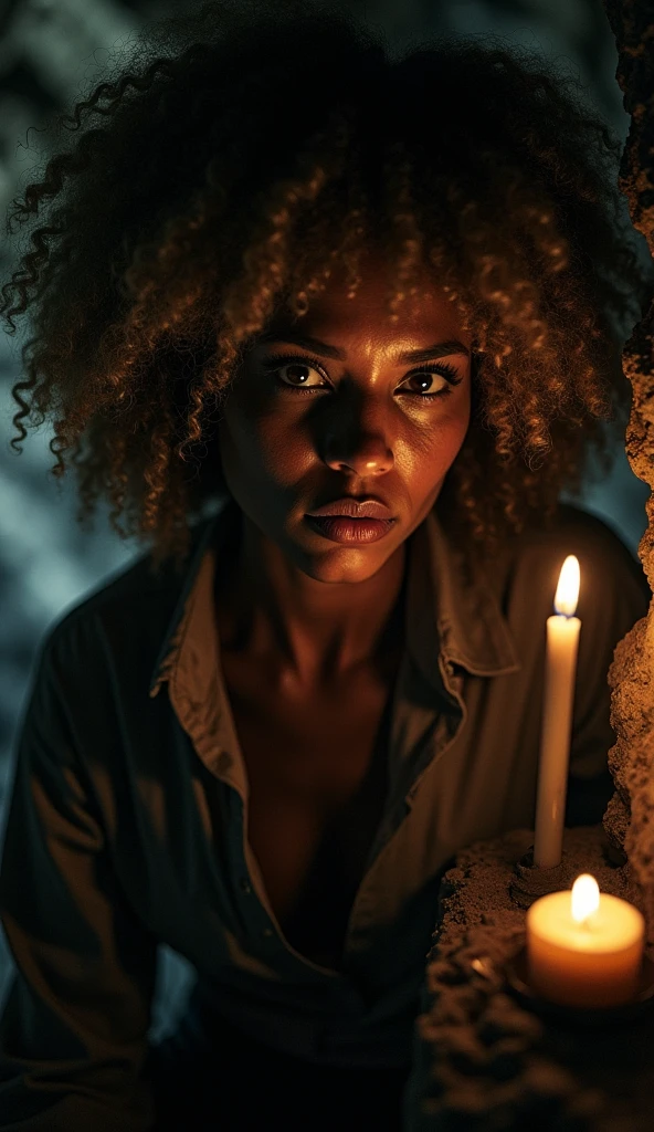 photograph of a woman, (disturbed facial expression), texturized skin, shiver, afro blonde hair, plaid flannel shirt with distressed boyfriend jeans, cowboy shot, dark and mysterious cave with unique rock formations and hidden wonders, perfects eyes, (candle light,Bright dark), Support 160 colors, Shot on ARRI ALEXA 65, bokeh, sharp focus on the subject, filmed by Don McCullin