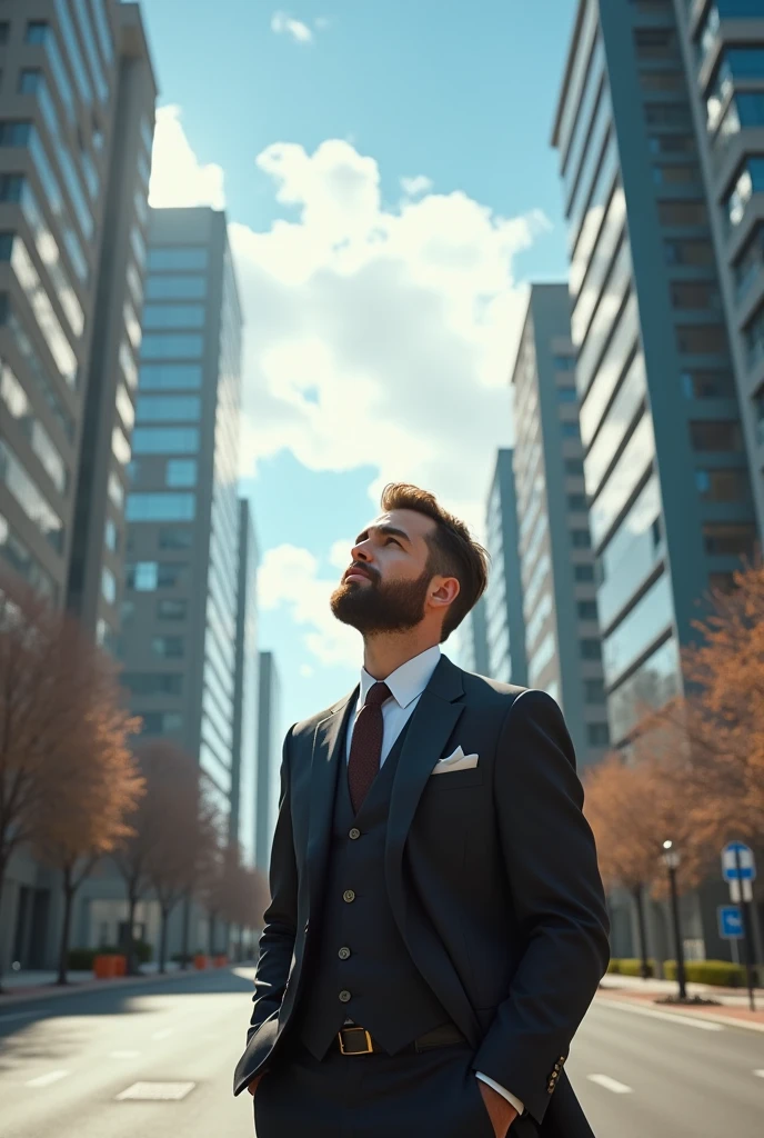 (photorealism:1.2), Crée une image ultra-réaliste d'un homme brun et barbu, vêtu d'un costume élégant, se tenant au milieu d'une rue déserte entourée de hauts buildings modernes. L'homme est debout, regardant vers le ciel avec une expression de contemplation. La lumière du soleil du matin éclaire doucement la scène, créant des ombres allongées des buildings sur la chaussée. Le ciel est d'un bleu limpide avec quelques nuages blancs dispersés. Des détails supplémentaires comme des fenêtres réfléchissant la lumière, des panneaux de signalisation et des trottoirs bien entretenus ajoutent à l'authenticité de la scène