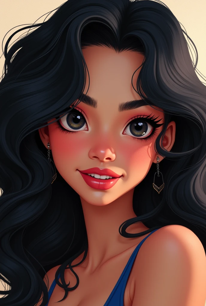 girl with curly black hair , long hair, thick and pink lips, dark shaped eyes, broad face, gamer woman, styled, Disney movies