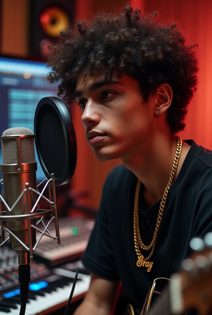 A 17 year old young man, moreno, in a music recording studio, with a golden chain that says "Bray". The young man is concentrating on recording music on the microphone