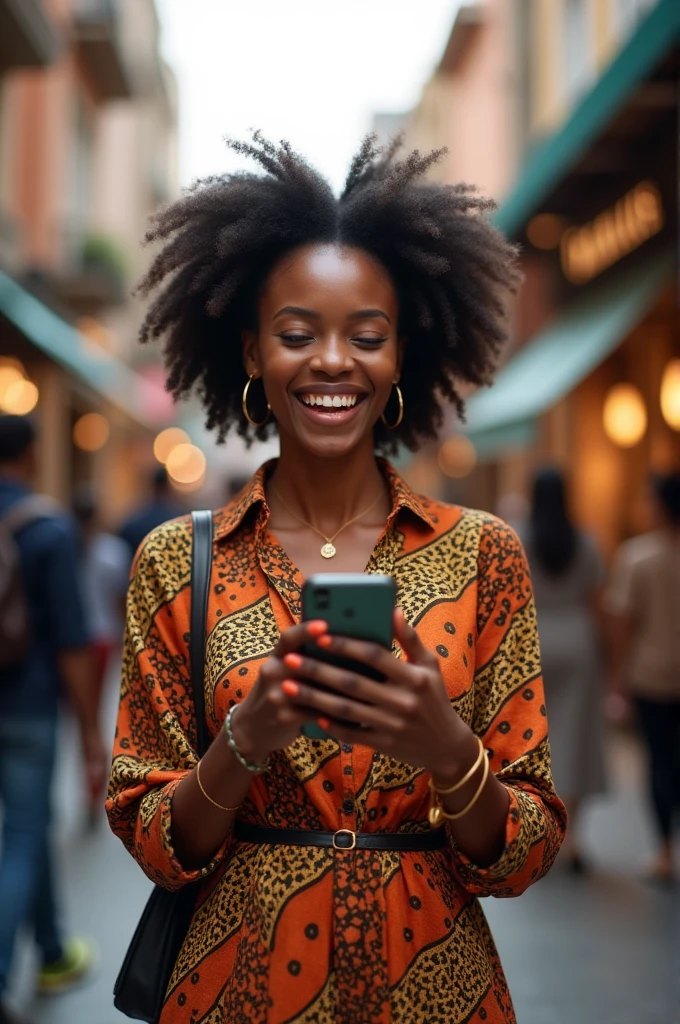 Une femme africaine joyeuse regardant une promotion en shopping sur son  smartphone 