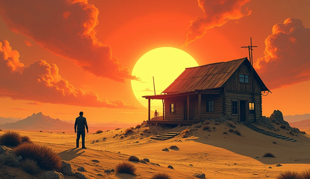 Create a highly stylized, surreal image of a vast, barren desert that stretches out endlessly under a dramatic, vividly colored sky. The desert is the dominant feature, with its sandy dunes and cracked earth rendered in bold shades of orange, red, and yellow, giving the scene a scorching, otherworldly atmosphere. In the middle of this desolate landscape, a tiny, weathered, and abandoned ranch stands isolated, its wooden structure almost swallowed by the surrounding desert. The ranch appears dilapidated, with its roof caving in and walls faded from the relentless sun. Inside the ranch, a staircase descends into the ground, leading to a strange, glowing portal. The portal's edges shimmer with an unnatural light, contrasting sharply with the desert’s harshness. Through the portal, glimpses of a futuristic but bizarre city can be seen, with towering, alien-like buildings and strange, twisting structures bathed in neon hues of green, blue, and purple, and a strange figure seeing from the other side with bright eyes. Standing by the staircase is a solitary man, his figure silhouetted against the bright light of the portal. He appears small and insignificant compared to the vast desert and the strange, ominous portal below. The overall composition blends elements of science fiction and surrealism, with a vintage comic book-inspired style characterized by exaggerated contrasts, intense lighting, and a surreal, almost apocalyptic color palette.