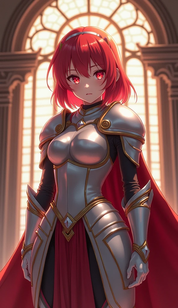 Highest quality、High resolution、8k、masterpiece、((Anime Style))、
Vibrant colors、World-class professional animators、
(Beautiful Face、Beautiful Eyes、Beautiful Nose、Beautiful Lips)、
Sharp Focus、Bright colors、Cinema Lighting、 A scene from a movie、Sparkling eyes、(Better Hands and Fingers)、Focus Girl、
1 red-haired girl、Red Eye、Medium Hair、
Serious expression、Full Body Shot、
White metal gauntlets、White metal skirt armor、
white metal armor、White Metal Greaves、
Heroine、female knight、Royal castle in the Middle Ages、Stained glass behind、