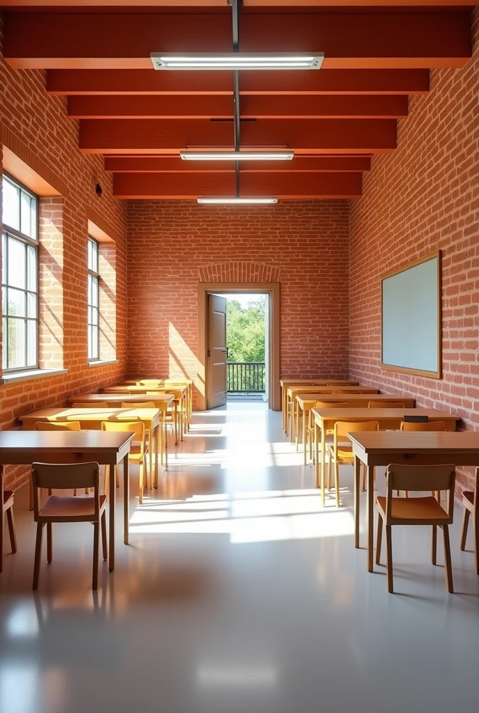 Lively classroom, the walls should be made of brick, and the seats that are table chairs, that has its exit door, preferably wide, just like the living room floor is white, The brick walls should be reddish brown and should not have any students.. The room should be large and the image should be wide, Take into account the school classrooms in Colombia