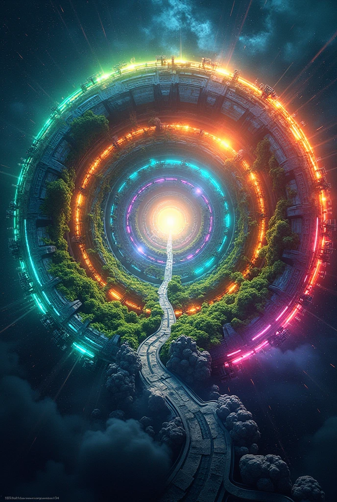 Creating a technological universe, human and natural with a central core surrounded by 5 rings which are divided into 5 green zones, blue, orange, purple and red