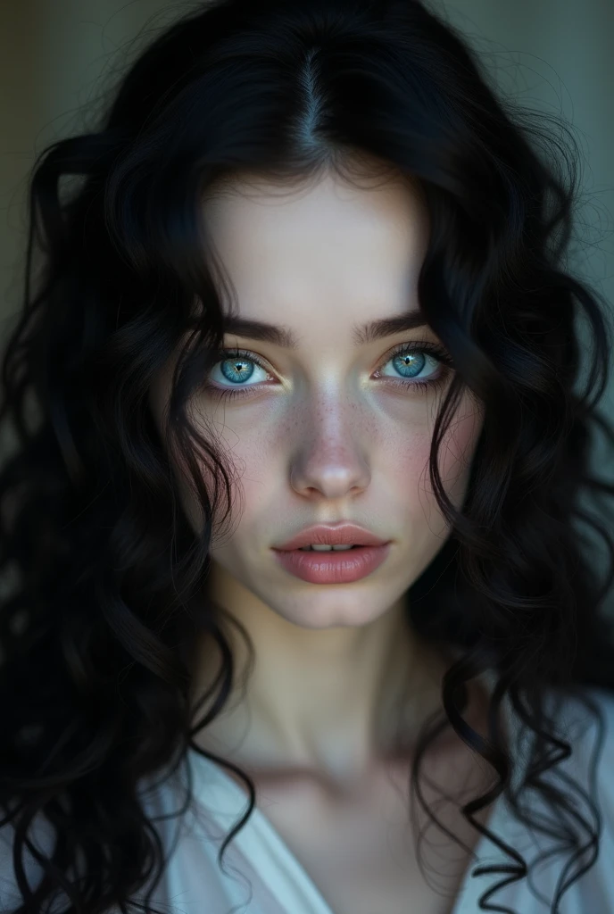 Pale model blue eyes black long curly  hair