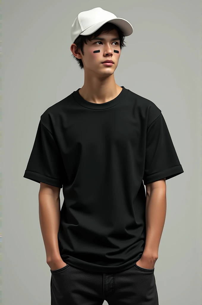 Realistic image of a young white man with juliet on his face, black training edition shirt 2024, All-white cap with curved brim and fitted at eyebrow height, Black Jeans