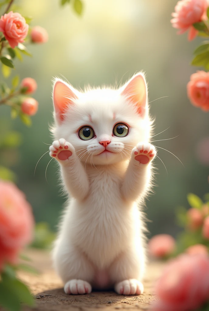 Un petit chaton blanc debout face à l'avant, les pattes avant levées。
De grands yeux mignons, expression humaine。Une tête légèrement plus grosse que le corps。les membres sont courts。
tenue fleurie。Texture brillante。
fond japonais。Jardins japonais。