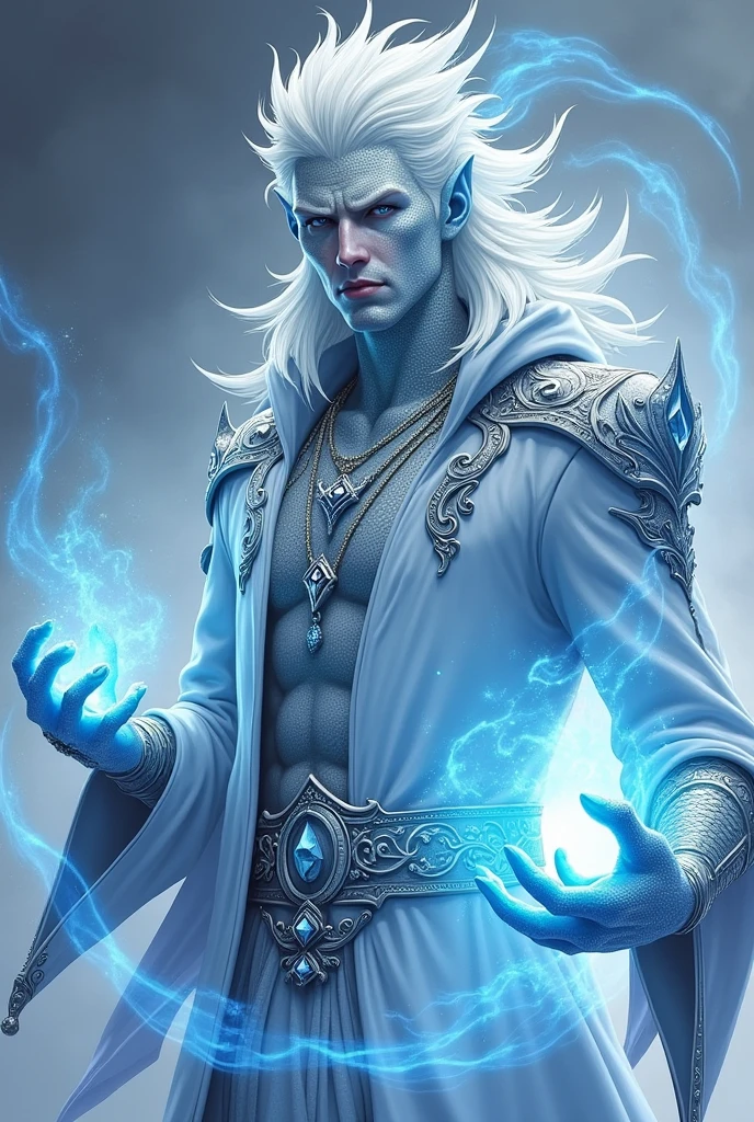 dnd, dungeons and dragons, snake man, normal round human ears, serpent, snake guy, sorcerer, slender, ice magic, cold magic, magic, casting a spell, solo, single person, portrait, action pose, pale white skin with light blue and white scales, symmetrical silver snake scales on face, medium spiky white hair, light blue snake eyes, reptile eyes, handsome, male, anime, comic, graphic novel, ornate silver robes with hood, silver jewelry with blue gems, wealthy, noble, rich, frost magic, ((masterpiece, best quality)), trending artwork
