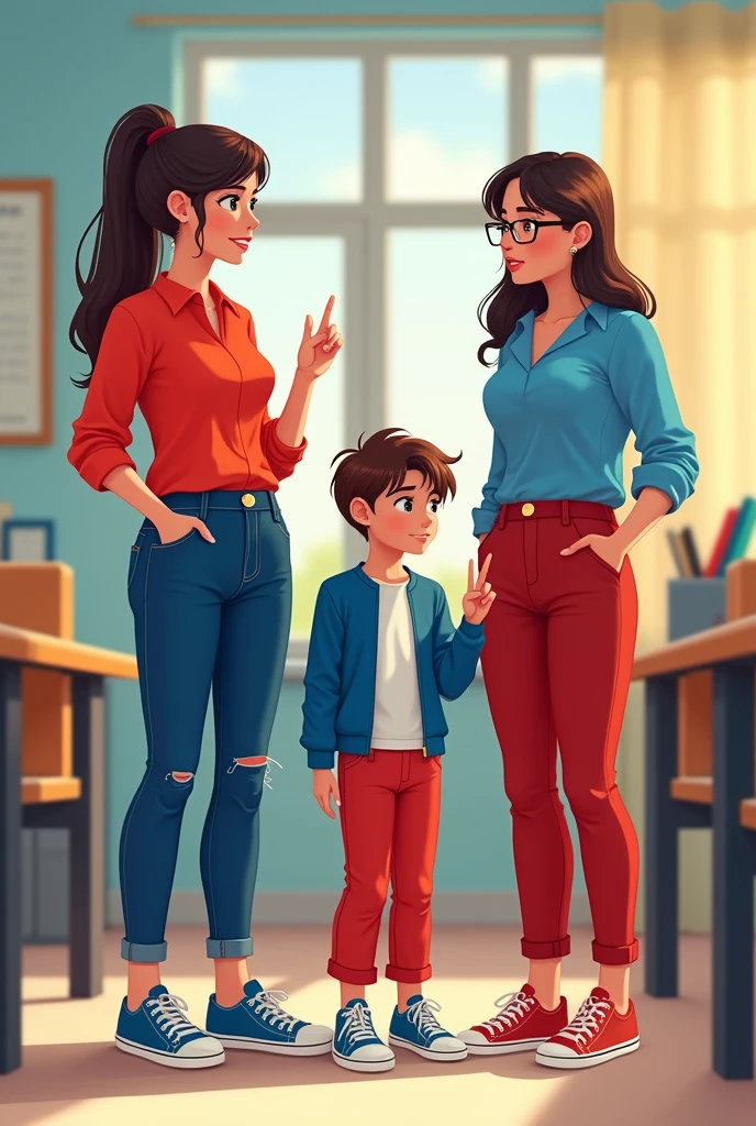 Two teachers, one being the sign language instructor wearing a red blouse, jeans and blue and red sneakers and the other sign language translator wearing a blue blouse, red pants and red and blue sneakers teaching a 5 year old Libras wearing a blue blouse, red pants and blue and red sneakers at school
