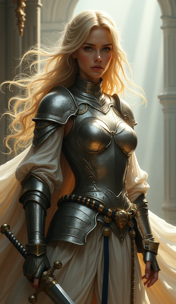 Very beautiful woman, Blonde, knight, Fantasy,  Holding a sword, slim, Small breasts