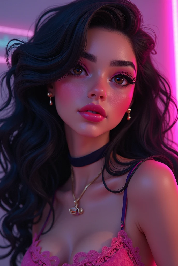 girl with curly hair and black hair , long hair, thick and pink lips, dark shaped eyes, broad face, gamer woman, styled, Disney movies