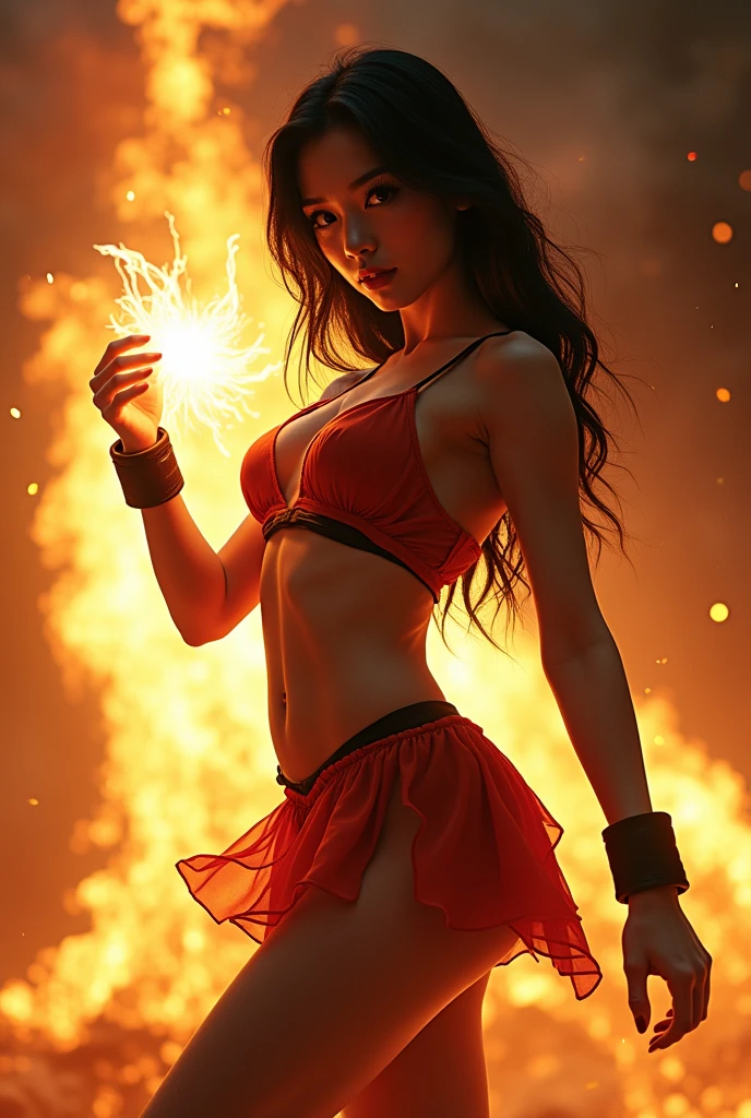 Beautiful Asian women with big breasts dressed as Goku in Super Saiya state, With power in his hand ready to fire kamehameha, realistic photography, look at the viewer, ((((full body, micro skirt, very short skirt, marked legs))))