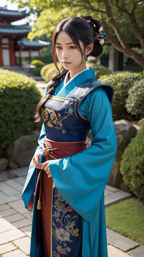 Create a live-action depiction of a gender-swapped version of Cyan Garamonde from Final Fantasy VI. The character, now female, should retain Cyan’s honorable and disciplined nature, with a strong yet graceful appearance reflecting her samurai heritage. Her hair should be long, dark, and tied into a traditional, high ponytail, with straight, flowing locks that emphasize her refined and warrior-like presence.
Her outfit should be a feminine reimagining of traditional samurai armor, staying true to Cyan’s original design but tailored for her form. She should wear a fitted kimono, in deep blue or indigo, with intricate patterns and embroidery that evoke her noble status. Over the kimono, she should wear lightweight armor pieces, such as shoulder guards and a breastplate, which accentuate her chest while still allowing for mobility in combat.
The chest should be larger, with the armor and kimono designed to highlight her bust in a way that remains true to her warrior spirit. The lower half of her outfit should include a long, flowing hakama or skirt, split at the sides for ease of movement, in matching colors, with a wide belt or sash cinching her waist.
Her accessories should include a sheathed katana at her side, with a beautifully decorated hilt, symbolizing her skills as a master swordswoman. The background should be set in a serene, traditional Japanese garden or a battlefield at dawn, reflecting her connection to honor and duty.
The overall image should capture Cyan’s disciplined and honorable character, with the gender swap adding a touch of elegance to her formidable presence as a warrior.