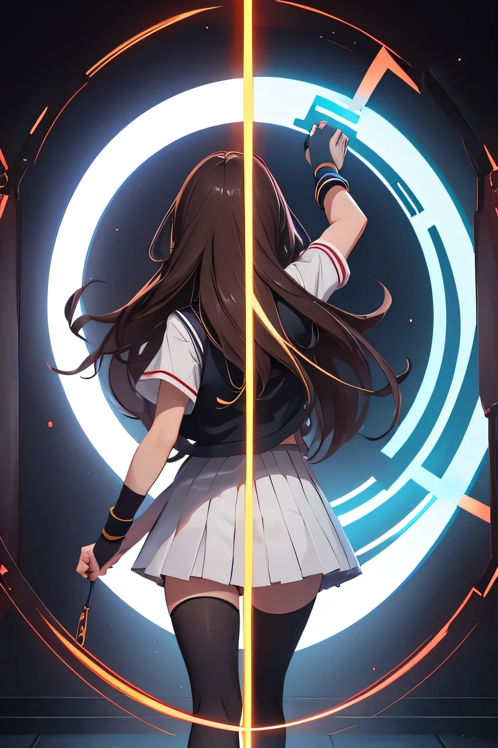 high quality art, image of a portal seen from the front, the size of a door, the dark colored inner background, the shape similar to a rectangular door, chamfered at the corners, the blurred frame of a clear whole with a medium thickness, At the top of the portal there are neon colored symbols or writing, looking at the portal with his back to the camera, the silhouette of a sixteen year old girl, Long hair, dark brown color, beautiful face, turning slightly towards the camera, School uniform, a white blouse, short sleeve, Red Waistcoat, white pleated miniskirt, White socks, He wears a golden wristband on his arm that controls the portal, pointing with that arm towards the portal,