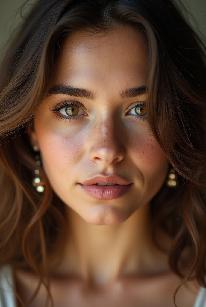 Portrait dune femme fait avec l’appareil photo D850. La femme est brune avec des cheuveux brun avec des reflets clair des yeux noisette en amande et de long cil. Elle doit aussi avoir des taches de rousseur un petit frond et une bouche. Elle a des faussette. Elle porte plusieur boucle d’oreille. Son mentin doit etre fin