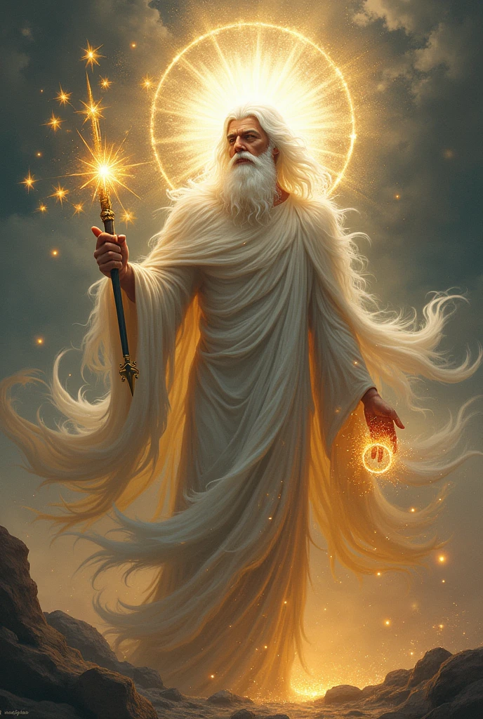 Make an image with these characteristics, a man whose head and hair are white like white wool, like snow, and his eyes like a flame of fire; and his feet, similar to shining brass, as if they had been refined in a furnace, and his voice as the voice of many waters. And he had seven stars in his right hand; and out of his mouth came a sharp two-edged sword; and his face was like the sun, when in its strength it shines.”