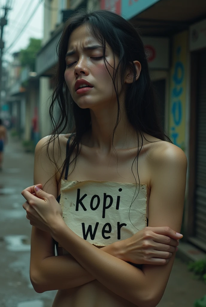A naked woman crying and holding a poster that says Kopi Wer