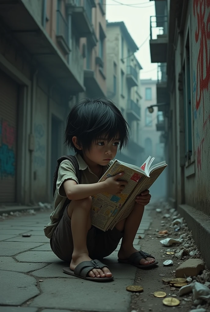an abandoned street child in the city holding magazines and reading
