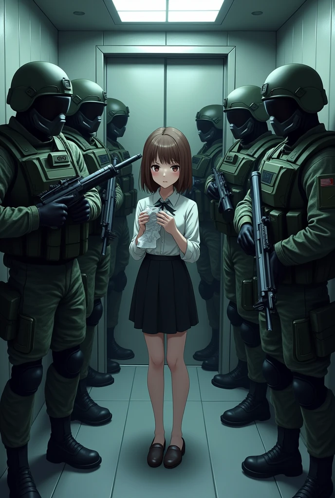 Anime office worker with paperworks brown hair lady really stuck in elevator no space with anime fully covered 7 soldiers cod men