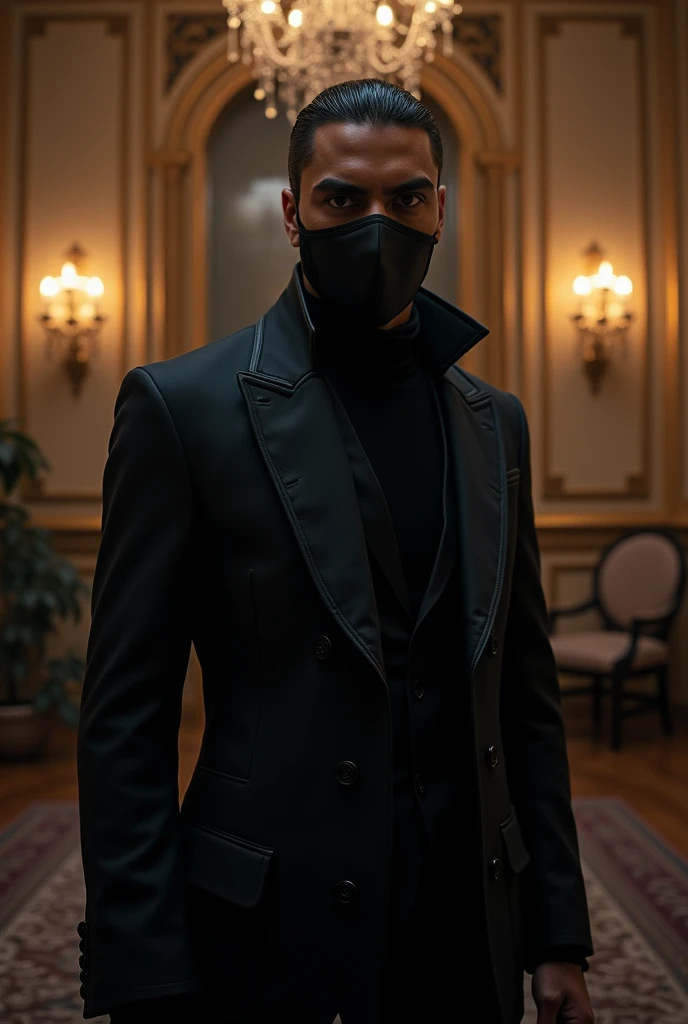 A man with mulatto skin, wearing a black surgical mask and a black gothic jacket, is inside your mansion