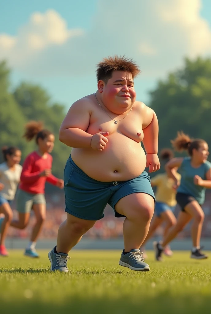 a fat teenager struggling to run during warm up