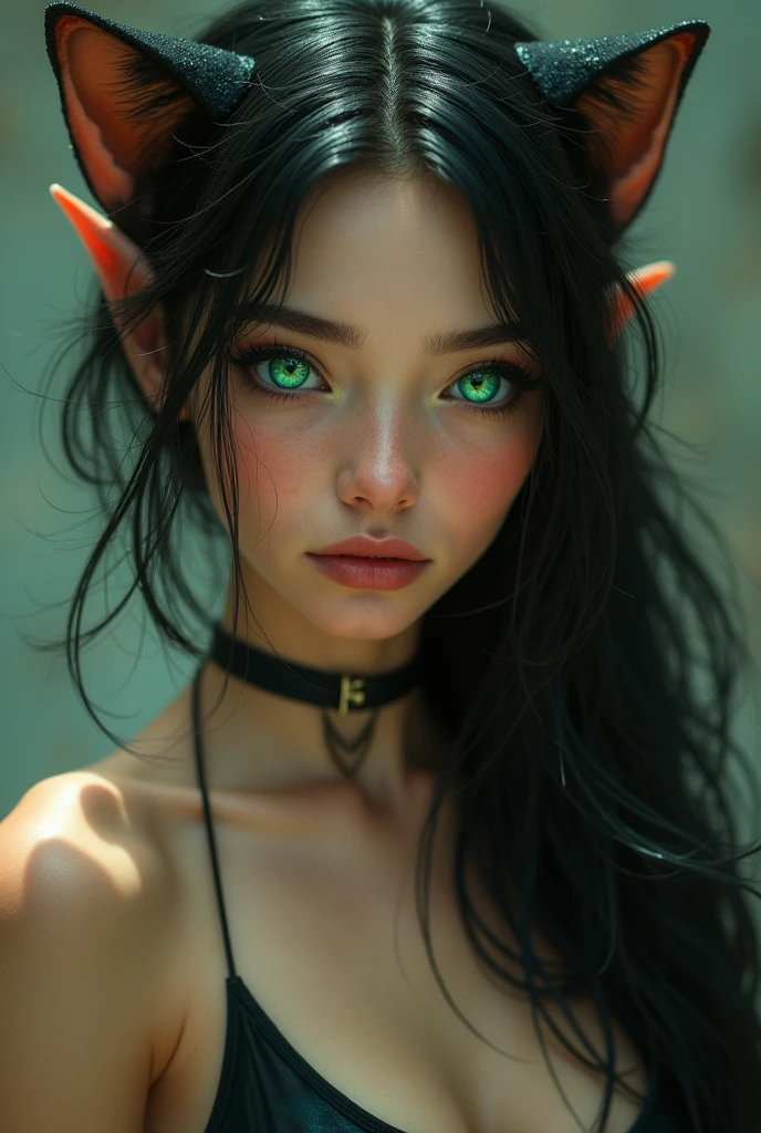  seductive elf woman, Ultra detailed green cat eyes, siamese cat hair  , cat nose, Coherent portrait 