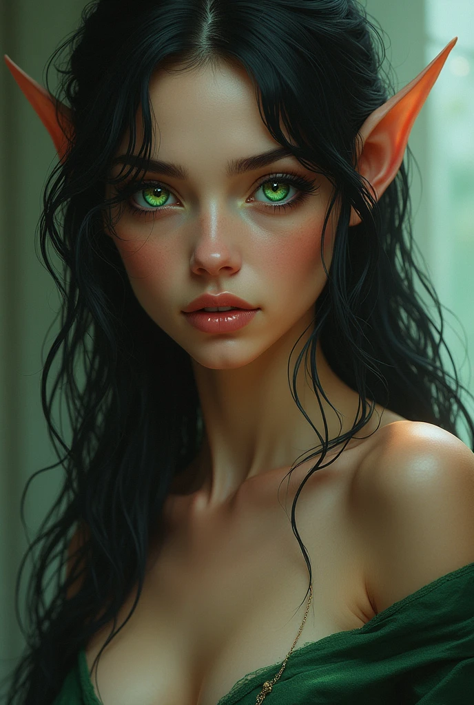 seductive elf woman, Ultra detailed green cat eyes, siamese cat hair , cat nose, Coherent portrait
