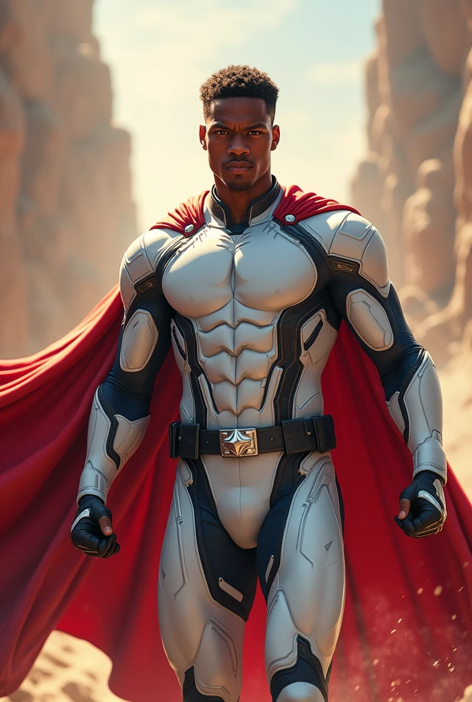 A young African American man who is a Marvel superhero, his suit is white with a red cape