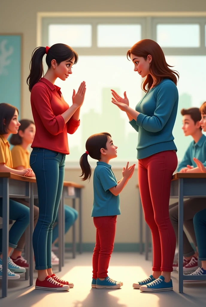 Two teachers, one being the sign language instructor wearing a red blouse, jeans and blue and red sneakers and the other sign language translator wearing a blue blouse, red pants and red and blue sneakers teaching a 5 year old deaf girl Libras wearing a blue blouse, red pants and blue and red sneakers at school 