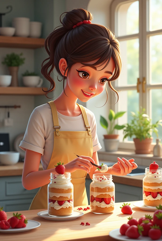 A young woman making cakes in a jar
