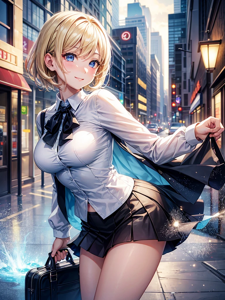 Anime style, super fine illustration, highly detailed, beautiful detailed, pale tone image, static representation, gentle expression, happy expression, 8k, pretty 1girl with blonde straight short hair & blue eyes & a bright smile & full bust & soft fair skin is wearing big white business shirt not to show her skin & black tight skirt & 1business bag, on the business building street, in the morning, brilliant particles of lights, happy stories, romantic stories, solo, perfect fingers, perfect arms, perfect legs, masterpiece.