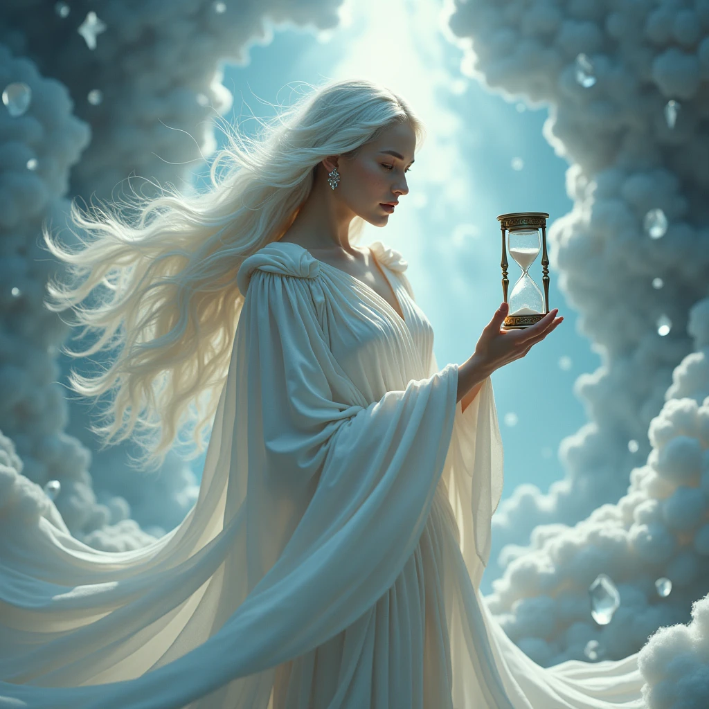 A woman with long white hair,she will be wearing a white dress,I want her to be a goddess and she will hold an hourglass in one hand and a silver key in the other hand.,I want the background to be something that reminds me of time and the concept of the hourglass.,I want something iconic and it would be with a tear on her face,She will be beautiful like a model