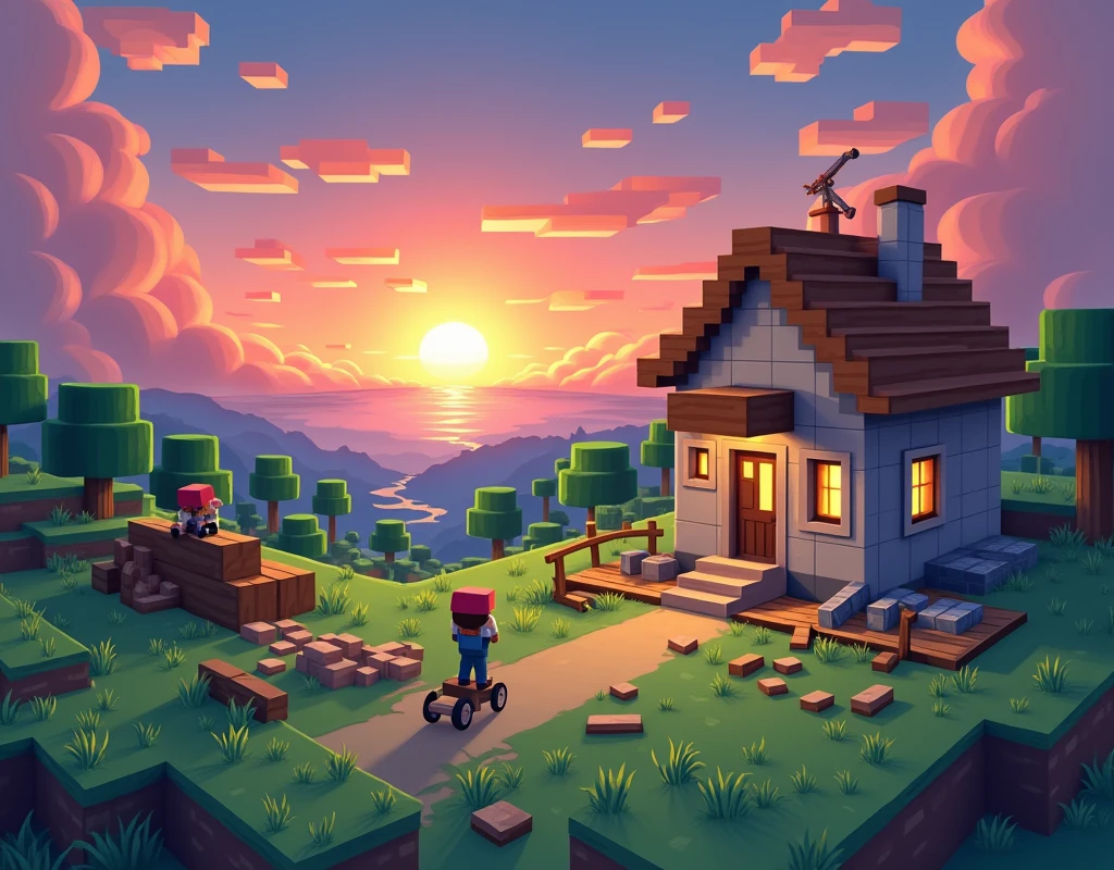 cartoon a landscape in minecraft with a house being built on the right side and in the background a sunset