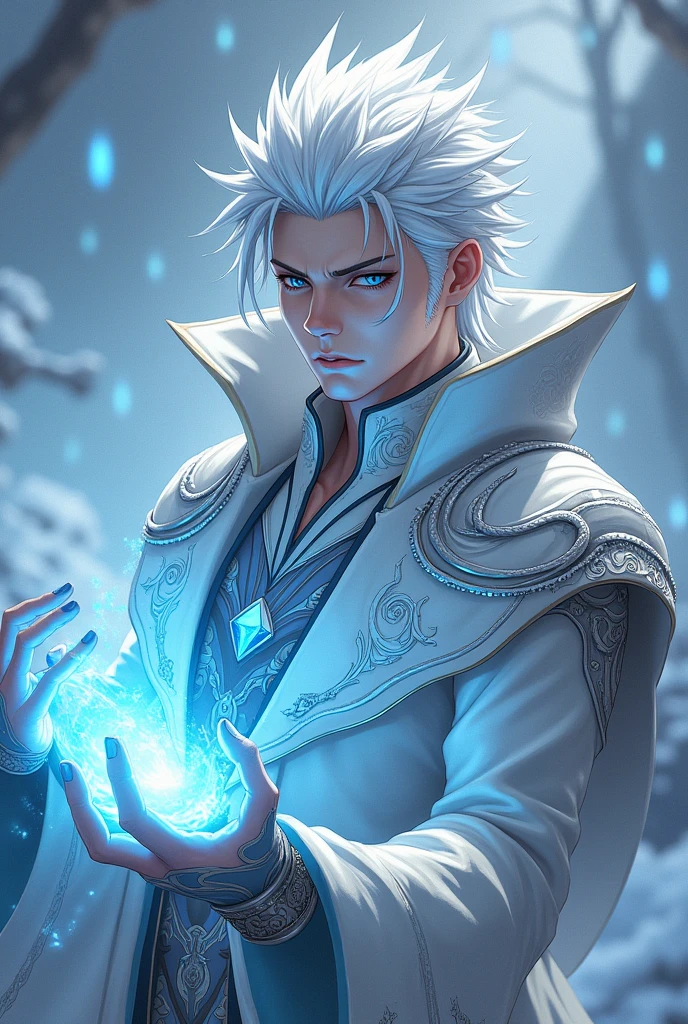 dnd, dungeons and dragons, snake man, normal round human ears, serpent, snake guy, sorcerer, slender, ice magic, cold magic, magic, casting a spell, solo, single person, portrait, action pose, pale white skin, symmetrical silver snake scales on face, medium spiky white hair, light blue snake eyes, reptile eyes, handsome, male, anime, comic, graphic novel, ornate silver robes with hood, silver jewelry with blue gems, wealthy, noble, rich, frost magic, ((masterpiece, best quality)), trending artwork