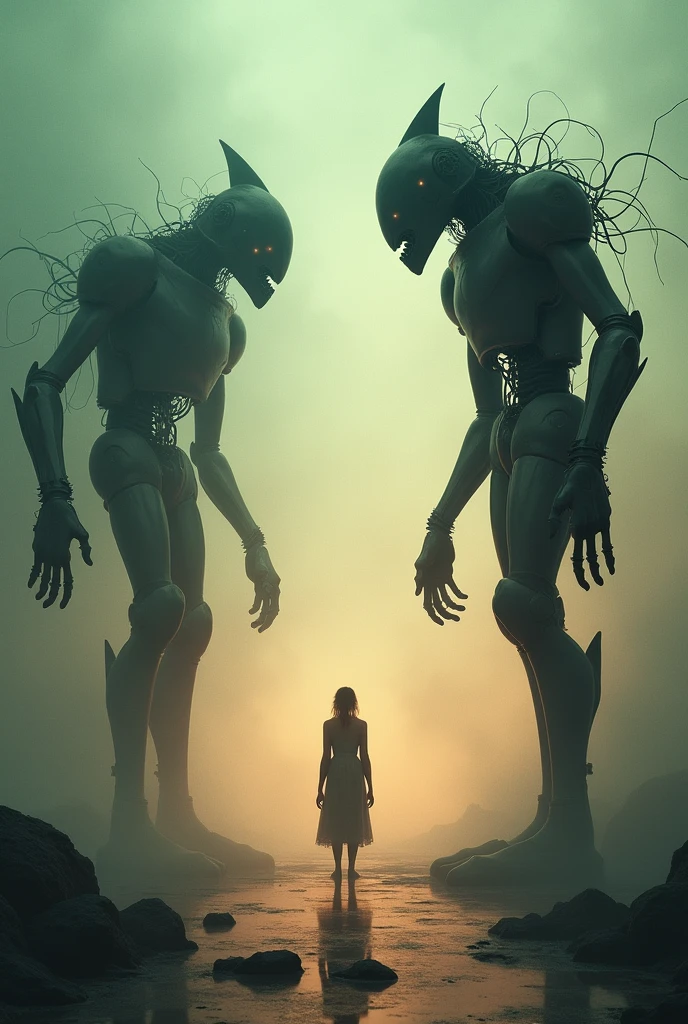 A surreal and cinematic piece of digital artwork with dystopian, eerie, and horror elements.Chess players with bio-mechanical features looms over a tiny, distorted human silhouette. The background is a blend of faded colors, with opalescent hues adding to the overall mystique. The scene appears to be in Midjourney trending style, as if capturing a pivotal moment from a Ghibli-inspired animation. The style is reminiscent of surreal movies, with influences from Spanish horror movies and Sci-fi. The final piece resembles a striking movie poster, evoking a cinematic atmosphere.