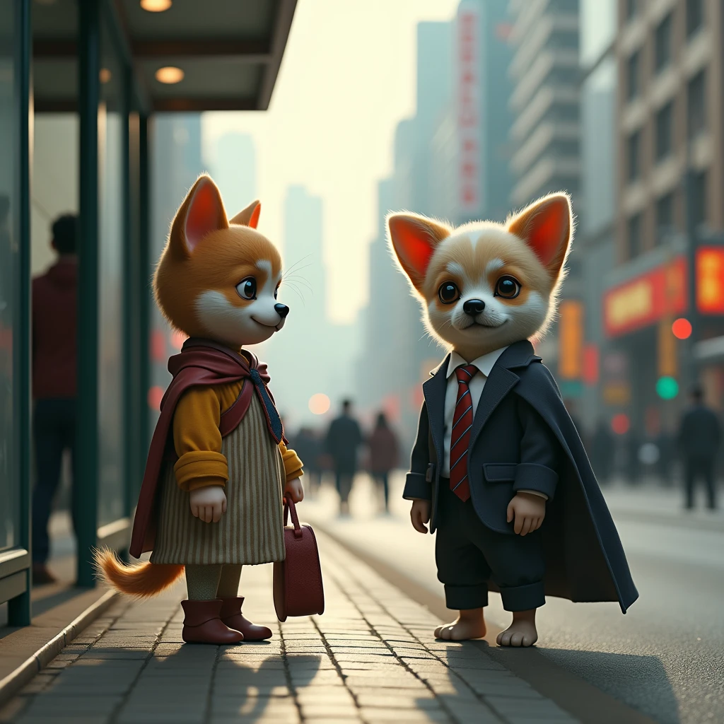 Shanghai,35mm lens,Multiple Angles,Cat,personification,return,~ side,silhouette,Overhead Shot,chiwawa dog,Are standing,doll,Carrying a small school bag,bus stop,Shanghai, Cape,Nguyen Gia,suit,tie, (Delicate face), (High-quality fluffy fur),(35mm cinema lenses),(Multi-angle shooting),(Wide range of angles)