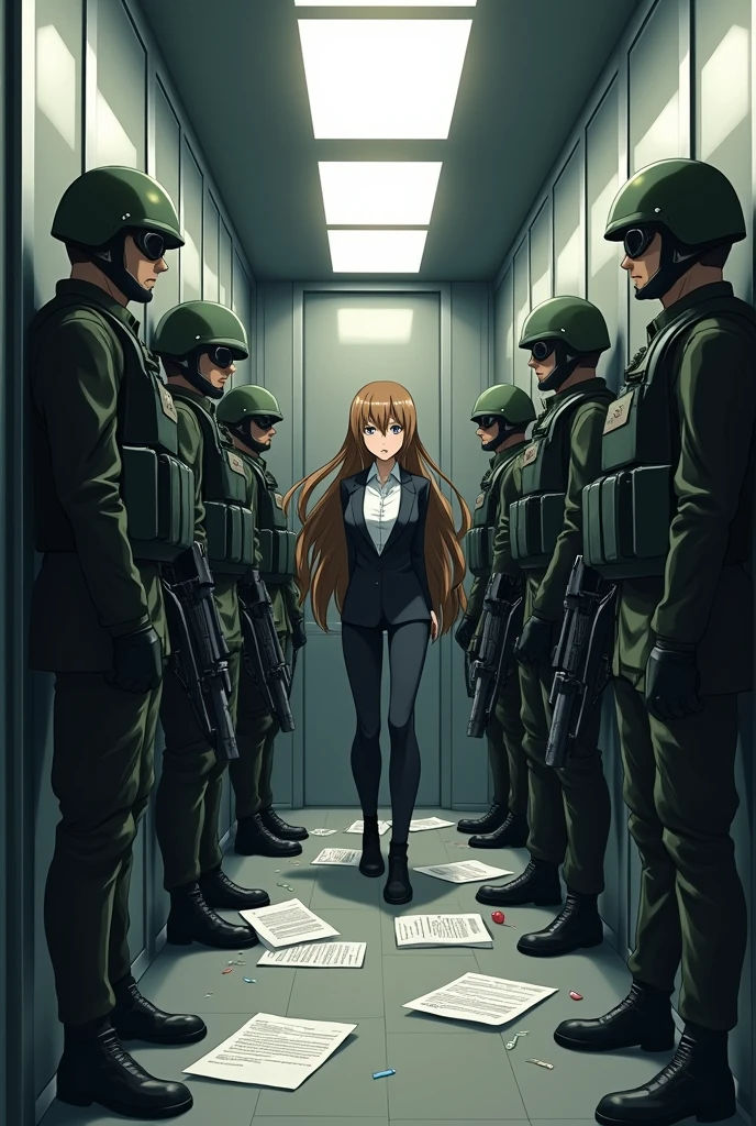 Anime office worker with paperworks long brown hair lady really stuck in elevator no space with anime fully covered 7 soldiers cod men