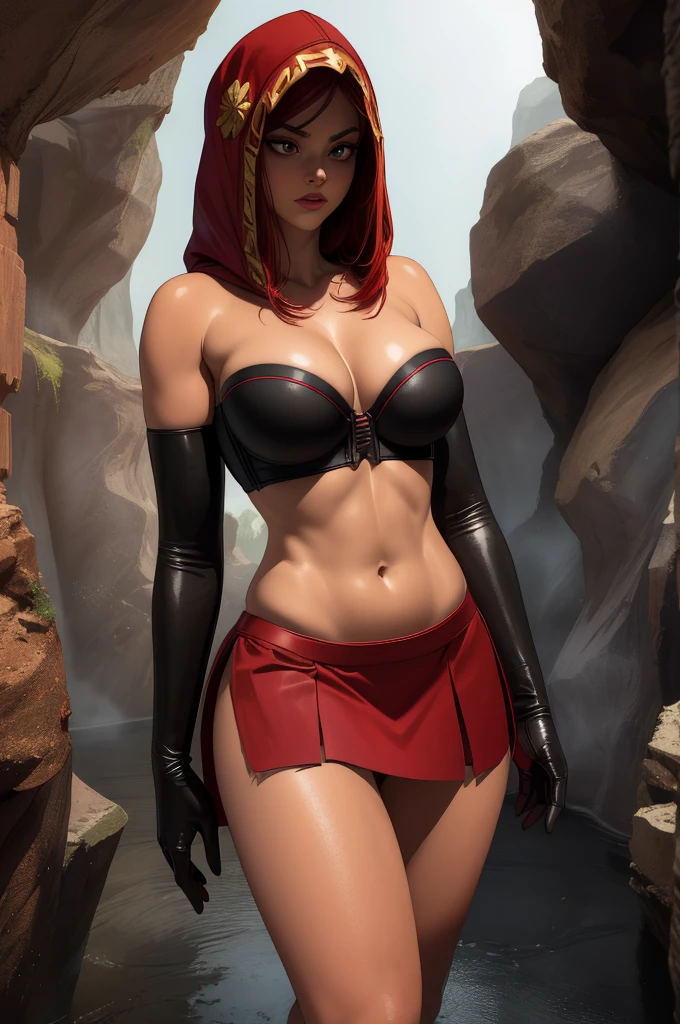 Dsorceress, redhair, shadowy face,dark cave, fire, hood, shadowed cute face, mini skimpy strapless bra, slim and athletic body, skinny thighs, skimpy slit miniskirt, ((no underwear, no panty, naked beneath her skirt)), elbow gloves, dark skin, 1 girl (insanely detailed, masterpiece, best quality)
