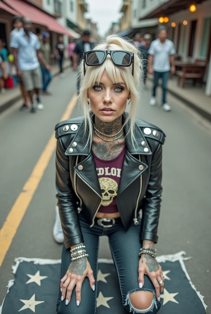 American old milf woman, blonde platinum hair (beehive bun) and oversized square sunglasses as headband), with very light green eyes, extremely pale. Square jaw. .Wearing studded, padded shoulders, cropped black moto jacket (zippers on the side) full of pins. Cropped dark burgundy push up t-shirt with skull and wings logo and gothic lettering,, dark skinny low rise blue jeans with holes on knees .White tennis sneakers. Lots of thick wide studded bracelets, chain collars and big rings. Tacky wide studded leather belt with big eagle oval buckle. Long earrings with chains. Kneeling on a ragged large usa flag, looking at the photographer. Hands on knees. Looking at the camera, Toned abdominals, thin neck, slim legs and thin arms. Narrow hips. Heavily tattooed on chest, hands, neck and arms. Crowded street of Angola