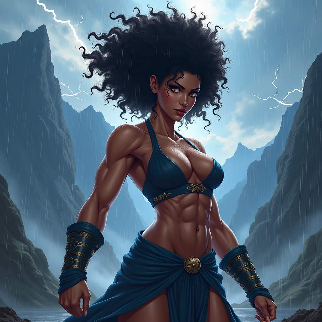 Best Quality, High resolution, realist:1.37), ultra detailed, HdR, vibrant colors, dynamic lighting, stormy background, intense atmosphere, breathtaking view, dramatic composition, powerful presence, expressive eyes, fierce expression, Safe posture, hair blown by the wind, raindrops on the skin, electrifying energy, Majestic mountain range, cliffs, dense clouds, lightning strike, anime style illustration, intricate details, exaggerated proportions, muscular physique, defined abs, prominent biceps and triceps, Imposing height, immense strength, captivating presence, afro hairstyle, voluminous curls, dark and rich complexion, women.