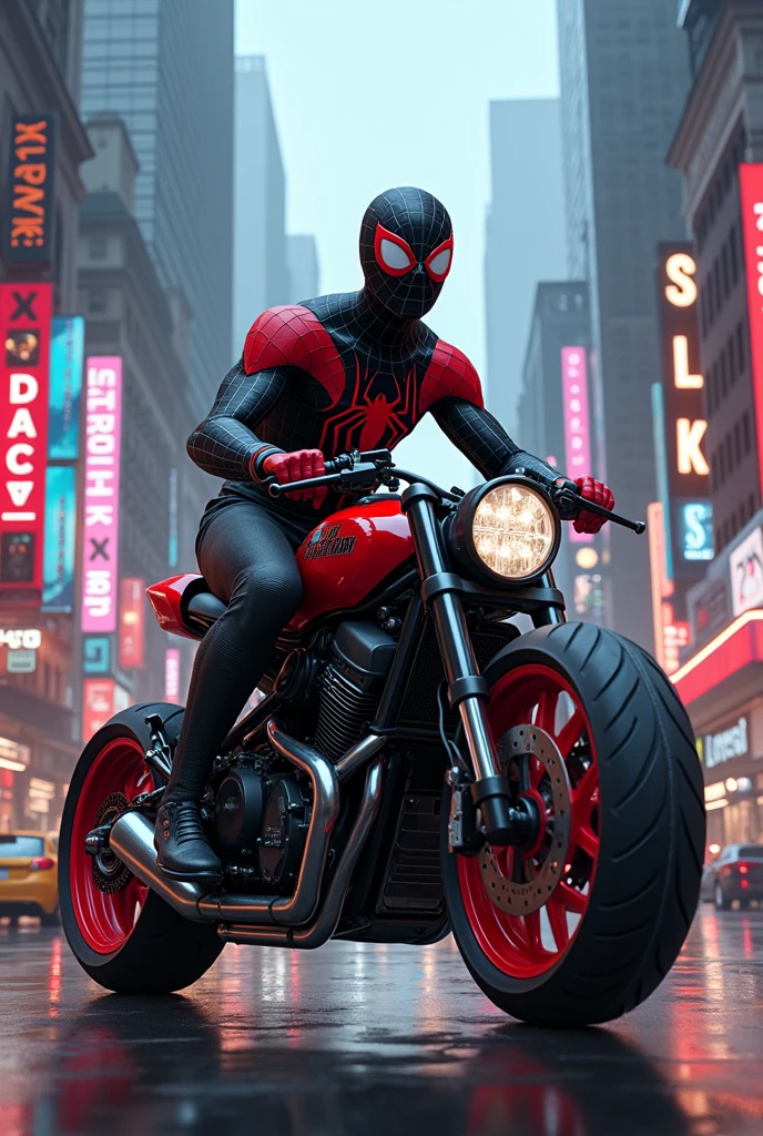Create an image of Miles Morales on a motorcycle